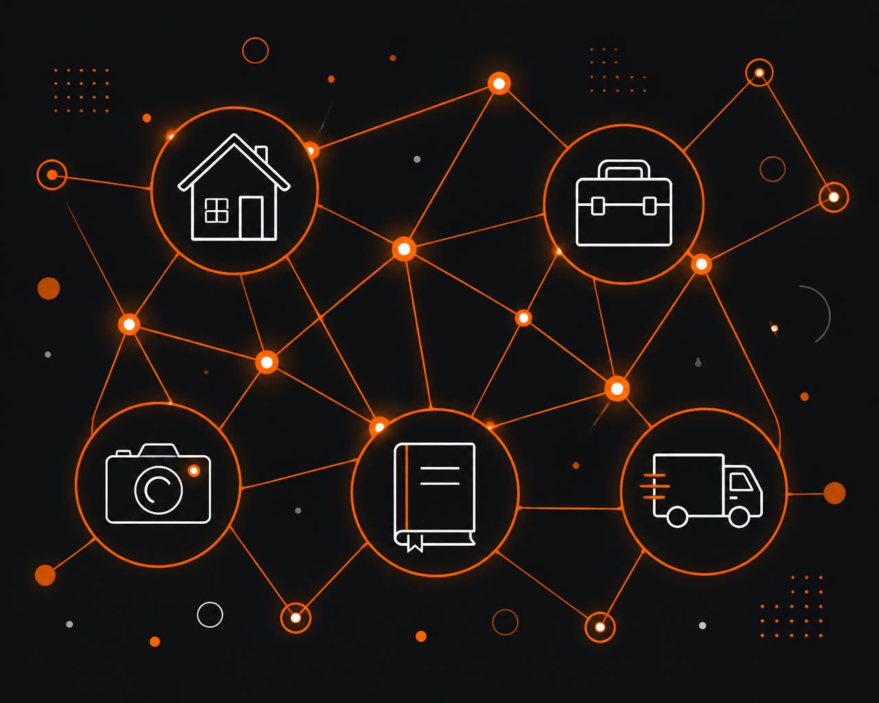 Illustration of connected local businesses: a home, toolbox, ledger, camera, and work truck linked by a network of glowing lines